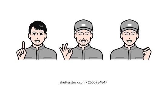A simple vector illustration set of middle-aged and senior men wearing uniforms who are happy that their problems have been solved