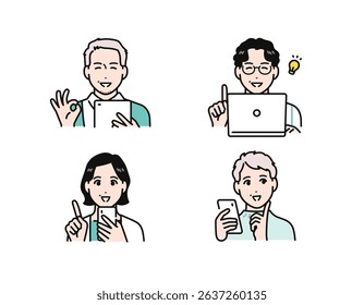 A simple vector illustration set of middle-aged men and women happy to look at smartphones, tablets and PCs