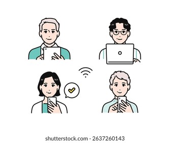 Simple vector illustration set of middle-aged men and women using online services