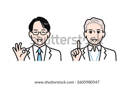 A simple vector illustration set of a middle-aged and senior man wearing a white coat giving an explanation with a smile