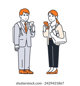 Simple vector illustration set of office workers looking at smartphones while commuting