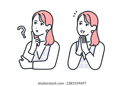 A simple vector illustration set of a stylish young woman with a thinking expression and a smiling and happy expression.