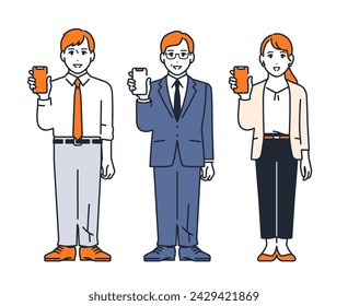 Conjunto de ilustración vectorial simple de tres trabajadores de oficina que muestran las pantallas de sus teléfonos inteligentes