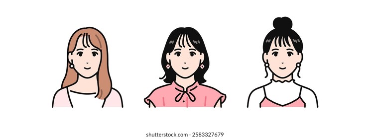 Simple vector illustration set of three fashionable young women