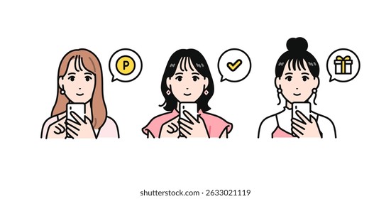 Um simples conjunto de ilustrações vetoriais de três jovens mulheres elegantes operando smartphones