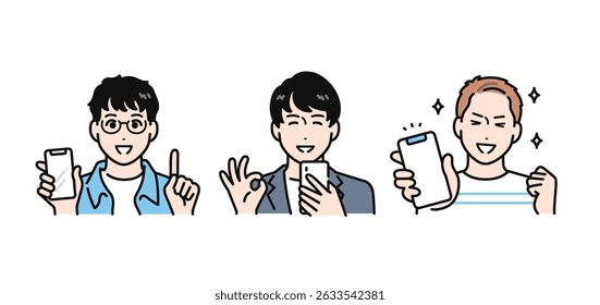 Simple vector illustration set of three young men looking happy at their smartphones