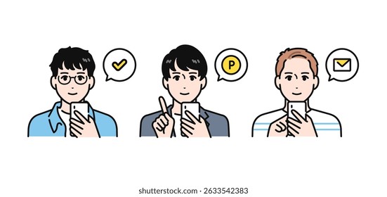 Vetor simples ilustração conjunto de três jovens casuais operando smartphones