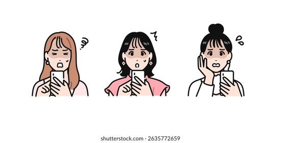 Simple vector illustration set of three young women looking pale while looking at their smartphone