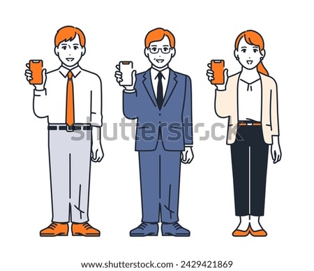 Simple vector illustration set of three office workers showing their smartphone screens