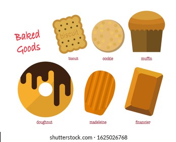 simple vector illustration set of various baked goods.