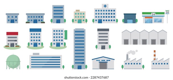 Simple vector illustration set of various buildings