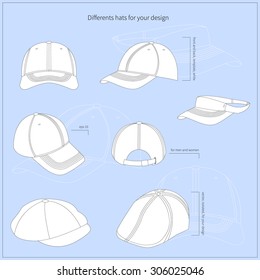 Simple vector illustration. Set of white men's and women's hats. Different views.
