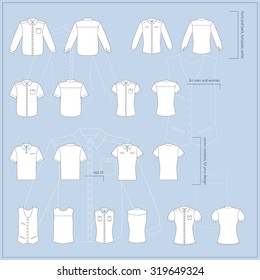 Simple vector illustration. Set of white men's and women's clothes. Different shirts and polo in front and back views.