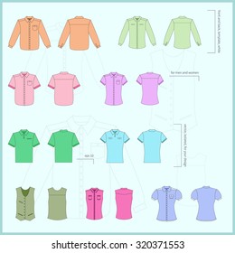 Simple vector illustration. Set of white men's and women's clothes. Different shirts and polo in front and back views. Bright colors.