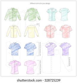 Simple vector illustration. Set of white men's and women's clothes. Different shirts and polo in front and back views. Bright colors.
