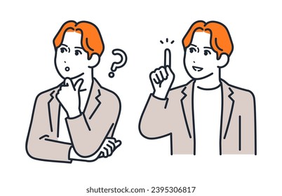 A simple vector illustration set of a young man wearing a casual suit with a thinking expression and an inspired expression.