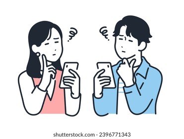 A simple vector illustration set of young men and women worried about their smartphone price plans