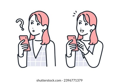 A simple vector illustration set of a young woman with a thinking expression while holding a smartphone and a happy expression with a smile