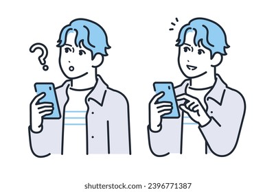 A simple vector illustration set of a young man with a thinking expression while holding a smartphone and a happy expression with a smile