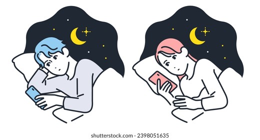 Simple vector illustration set of young men and women checking their smartphones in the middle of the night