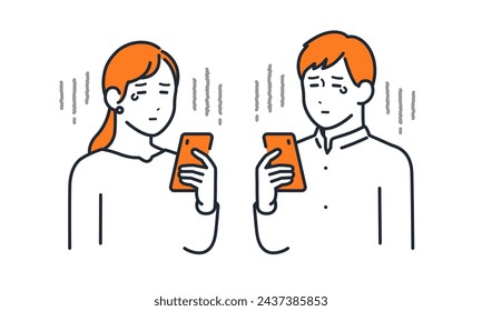 Simple vector illustration set of young men and women looking at smartphones and feeling sad