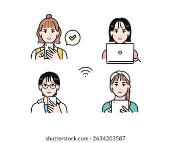 Simple vector illustration set of young woman using online services