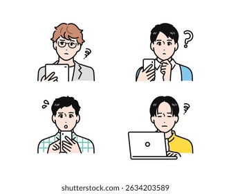 Simple vector illustration set of a young man having trouble looking at a smartphone, tablet, or laptop