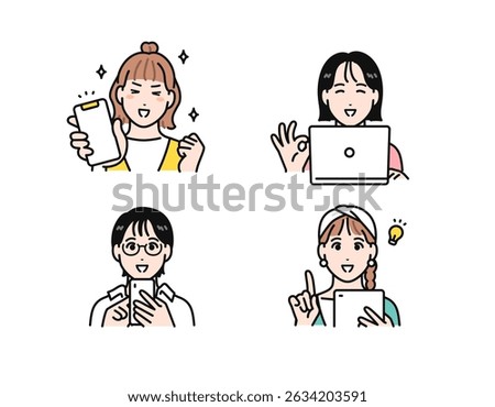 Simple vector illustration set of a young woman happy to look at her smartphone, tablet, and laptop