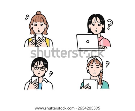 Simple vector illustration set of a young woman having trouble looking at her smartphone, tablet, or laptop