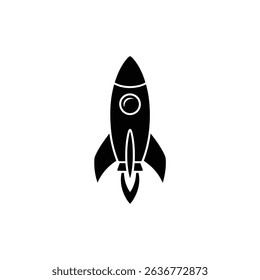 A simple vector illustration showcases a black rocket with a white outline and flames, set against a clean, white background. Design focused on vector graphics.