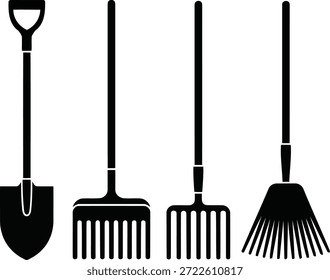 A simple vector illustration showcasing common garden implements such as a spade, a broad rake, and a leaf rake.