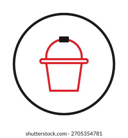 Ilustração vetorial simples apresentando um ícone de balde vermelho delineado dentro de um círculo preto, projetado como um elemento visual minimalista para plataformas digitais ou interfaces de usuário, representando armazenamento de dados
