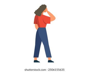A simple vector illustration showing the back view of a woman with curly hair, wearing a red shirt and blue pants. The woman is casually standing with her hand on her head, isolated on white.