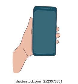 Uma ilustração vetorial simples mostrando uma mão segurando um smartphone moderno em orientação retrato contra um plano de fundo plano.