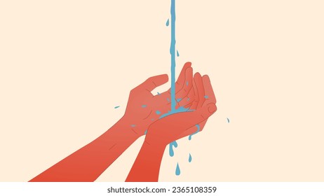 Simple vector illustration showing hands under flowing water. Icon of palms rinsing, washing hands. Concept representing pollution of drinking water, hand hygiene. Lack of clean water in nature