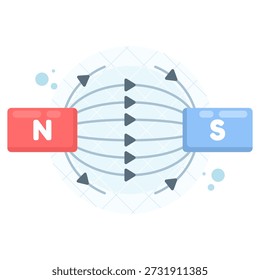 Ilustración vectorial simple que muestra líneas de campo magnético con los polos norte y sur. Concepto educativo y científico para el aprendizaje de la física, los materiales del aula y la visualización científica.