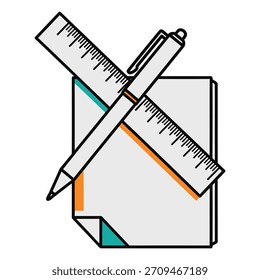 Uma simples ilustração vetorial mostrando uma caneta e uma régua cruzada sobre uma folha de papel com um canto dobrado, simbolizando desenho, educação ou trabalho de escritório.