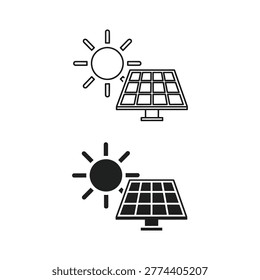 Simple vector illustration showing a solar panel converting sunlight into energy with contrasting sunny and cloudy conditions