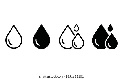 Ilustração vetorial simples mostra quatro gotas de água em diferentes formas, com preenchimento preto minimalista em um fundo branco limpo.