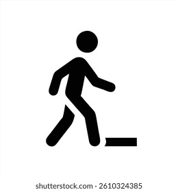 A simple vector illustration shows a person walking cautiously. The figure is in a side view and highlights the need for awareness while navigating around potential hazards.