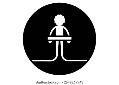 A simple vector illustration shows a white silhouette of a person holding a horizontal rectangle inside a black circle against a white background. The style is minimalist and abstract.