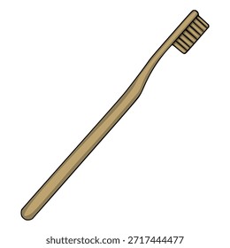 Ilustración vectorial simple de un solo cepillo de dientes de bambú con un mango marrón claro y cerdas, aislado sobre un fondo blanco.