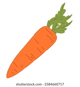 Simple vector illustration of a single carrot. Clean and minimalistic design with bright orange and green tones. Ideal for food packaging, recipe books, icons, stickers and digital graphics