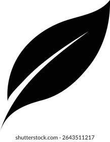 Simple vector illustration of a single leaf silhouette, isolated on white. Suitable for logos, icons, or nature-themed designs. Minimalist black and white style.