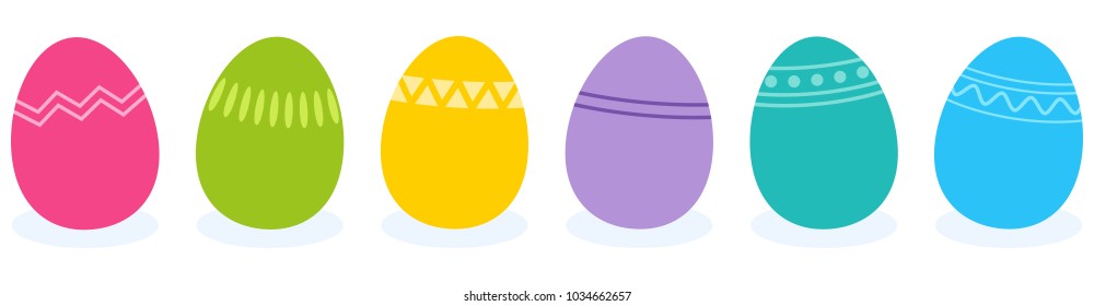 Simple vector illustration of six colorful flat design easter eggs with geometric pattern designs isolated on white background
