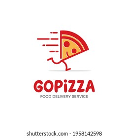 simple vector illustration of a slice of pizza running, logo design for food delivery service