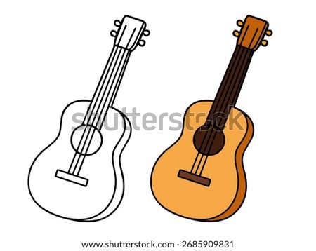 Simple vector illustration of a small acoustic guitar or ukulele with strings and tuning pegs, shown in both a full outline drawing and a colored version, ideal for music themes and coloring pages.