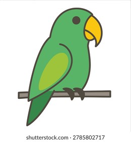 A simple vector illustration of a small green parrot with a yellow beak sitting on a wooden perch isolated on white background