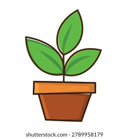 A simple vector illustration of a small green sprout growing in a brown clay flower pot