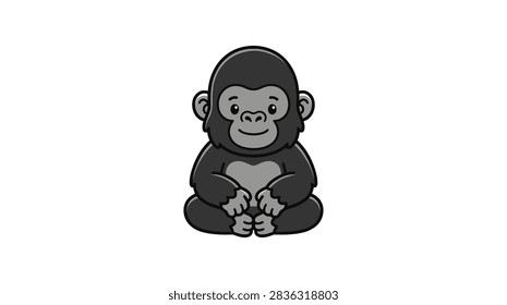 A simple vector illustration of a small grey gorilla sitting in a relaxed pose with a gentle expression